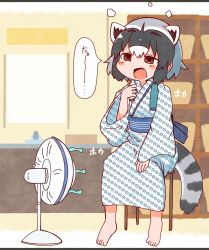 Rule 34 | 1girl, after bathing, animal ears, barefoot, blush stickers, bottle, brown eyes, common raccoon (kemono friends), electric fan, fang, grey hair, highres, holding, holding bottle, indoors, japanese clothes, kemono friends, kimono, raccoon ears, raccoon tail, rakugakiraid, sash, sitting, solo, striped tail, tail, unmoving pattern