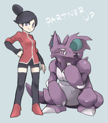 Rule 34 | 1girl, ace trainer (pokemon), black hair, black shorts, black thighhighs, blue background, breasts, commentary, creatures (company), english text, fangs, game freak, gen 1 pokemon, hair bun, hand on own hip, nidoking, nintendo, pokemon, pokemon (creature), pokemon hgss, purple eyes, red footwear, shorts, simple background, single hair bun, small breasts, smirk, standing, thighhighs, tirarizun