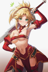 Rule 34 | 1girl, alternate breast size, armpits, bandeau, bare shoulders, blonde hair, blush, braid, breasts, bridal gauntlets, clarent (fate), closed mouth, collarbone, detached sleeves, fate/apocrypha, fate (series), french braid, gradient background, green eyes, hair ornament, hair scrunchie, hand on own hip, highres, long hair, looking at viewer, medium breasts, mordred (fate), mordred (fate/apocrypha), navel, parted bangs, pelvic curtain, ponytail, red scrunchie, scrunchie, sidelocks, solo, sword, thighs, tonee, v-shaped eyebrows, weapon, white background