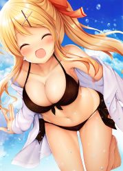 Rule 34 | 1girl, :d, ^ ^, bikini, black bikini, blonde hair, blue sky, blush, bow, breasts, cleavage, closed eyes, cloud, cloudy sky, commentary request, day, facing viewer, front-tie bikini top, front-tie top, groin, hair bow, hair ornament, hairclip, highres, jacket, kin-iro mosaic, kujou karen, large breasts, long hair, minato ojitan, navel, off shoulder, one side up, open clothes, open jacket, open mouth, outdoors, red bow, side-tie bikini bottom, sky, smile, solo, standing, standing on one leg, swimsuit, very long hair, white jacket, x hair ornament
