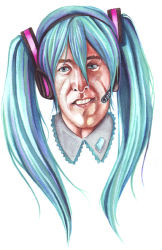 Rule 34 | aqua hair, billy herrington, blue eyes, hatsune miku, long hair, microphone, smile, twintails, vocaloid