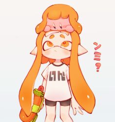 Rule 34 | 1girl, :o, bike shorts, black shorts, blue eyes, blunt bangs, blush, blush stickers, closed mouth, commentary request, copy ability, gun, highres, holding, holding gun, holding weapon, inkling, inkling girl, inkling player character, kirby, kirby (series), long hair, looking at another, looking down, looking up, nintendo, on head, orange eyes, orange hair, pi q, pointy ears, print shirt, shirt, short eyebrows, short shorts, short sleeves, shorts, simple background, splatoon (series), splattershot (splatoon), standing, super smash bros., t-shirt, tentacle hair, thick eyebrows, translation request, very long hair, weapon, white background, white shirt