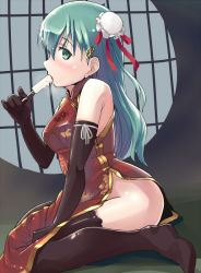 Rule 34 | 10s, 1girl, black thighhighs, china dress, chinese clothes, double bun, dress, elbow gloves, food, from side, gloves, grey hair, hair bun, hi-ho-, kantai collection, long hair, no panties, popsicle, sexually suggestive, shiny skin, sitting, solo, stain, suzuya (kancolle), thighhighs