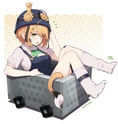 1girl absurdres blonde_hair blue_overalls dooby_(vtuber) green_eyes highres indie_virtual_youtuber loose_socks minecart minecraft mining_helmet namiorii open_mouth overalls shirt short_hair socks solo tail virtual_youtuber white_shirt white_socks