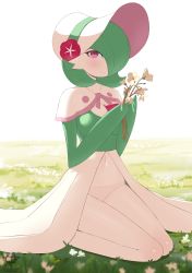 Rule 34 | 1girl, absurdres, artist name, backlighting, blush, bob cut, bonnet, breasts, capelet, closed mouth, clothed pokemon, collarbone, colored skin, creatures (company), day, female focus, flower, game freak, gardevoir, gardevoir (fashionable), gen 3 pokemon, grass, green hair, green skin, hair over one eye, hands up, happy, hat, hat flower, highres, holding, holding flower, kaos art, kneeling, looking at viewer, medium breasts, multicolored skin, navel, nintendo, on ground, one eye covered, outdoors, own hands together, panties, patreon username, pink flower, pink trim, pokemon, pokemon (creature), pokemon unite, red eyes, seiza, short hair, sitting, smile, solo, stomach, two-tone skin, underwear, watermark, white capelet, white flower, white hat, white panties, white skin