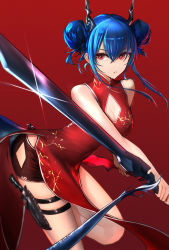 Rule 34 | 1girl, absurdres, anming, arknights, bare legs, black shorts, blue hair, breasts, ch&#039;en (ageless afterglow) (arknights), ch&#039;en (arknights), china dress, chinese clothes, cleavage, cleavage cutout, clothing cutout, cowboy shot, dagger, double bun, dragon horns, dragon tail, dress, dual wielding, expressionless, glint, hair between eyes, highres, holding, holster, horns, knife, lips, looking at viewer, medium breasts, medium hair, official alternate costume, parted lips, patterned background, pelvic curtain, polka dot, polka dot background, red background, red dress, reverse grip, sheath, sheathed, short shorts, shorts, shorts under dress, simple background, sleeveless, sleeveless dress, solo, sword, tail, thigh holster, thigh strap, thighs, weapon