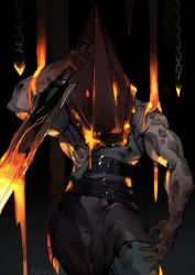 Rule 34 | 1boy, azaya (kuroi azaya), dead by daylight, helmet, holding, holding sword, holding weapon, large pectorals, male focus, lava, monster, muscular, muscular male, pectorals, pyramid head, scar, scar on arm, silent hill (series), silent hill 2, solo, sword, torn clothes, weapon