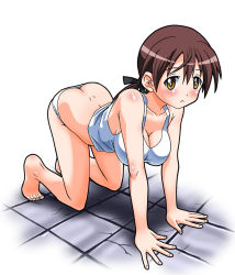 Rule 34 | 1girl, all fours, ass, barefoot, blush, breasts, brown hair, butt crack, cleavage, dimples of venus, doku donguri, downpants, feet, gertrud barkhorn, hanging breasts, large breasts, short twintails, solo, strike witches, tank top, twintails, world witches series, yellow eyes