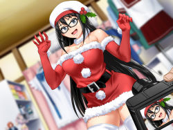 Rule 34 | 1girl, bare shoulders, black-framed eyewear, black hair, blue eyes, blurry, blurry background, blush, breasts, buckle, camera, christmas, christmas dress, cleavage, clownculture, dress, elbow gloves, female focus, figure, fur collar, fur trim, glasses, gloves, groin, hair between eyes, hands up, happy, hat, highres, indoors, large breasts, legs, long hair, looking at viewer, open mouth, original, otaku room, recording, santa costume, school uniform, smile, solo, standing, strapless, strapless dress, sweatdrop, thighhighs, thighs, zettai ryouiki