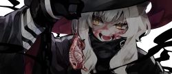 Rule 34 | 122pxsheol, 1girl, absurdres, animal ear fluff, animal ears, arknights, black coat, black gloves, black hat, blood, blood on face, buckle, carcass, cat ears, chain, close-up, coat, cuffs, fangs, gloves, hat, haze (arknights), highres, holding, medium hair, mouse (animal), open mouth, sidelocks, slit pupils, solo, striped, teeth, watermark, web address, white background, white hair, witch hat, yellow eyes