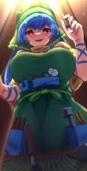 Rule 34 | 1girl, absurdres, apron, arm ribbon, blue hair, breasts, commentary request, flower, green apron, green headwear, haniyasushin keiki, head scarf, heart, heart-shaped pupils, highres, holding chisel, holding tool, large breasts, long hair, looking at viewer, pink eyes, ribbon, smile, solo, symbol-shaped pupils, tools, touhou, yosshy