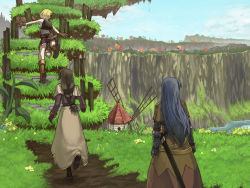 Rule 34 | 3girls, acolyte (ragnarok online), armor, backpack, bag, blonde hair, blue flower, blue hair, blue sky, boots, braid, braided ponytail, breastplate, brown capelet, brown dress, brown footwear, brown gloves, brown hair, brown legwear, brown shirt, brown shorts, capelet, chest guard, cliff, cloud, commentary request, day, dress, feet out of frame, floral print, flower, from behind, full body, gauntlets, gloves, grass, in-universe location, isao shiru, long hair, looking to the side, multiple girls, novice (ragnarok online), orange flower, outdoors, pantyhose, path, ragnarok online, red flower, road, rose print, scabbard, sheath, shirt, shoes, short hair, shorts, skirt, sky, sleeveless, swordsman (ragnarok online), white capelet, white skirt, windmill