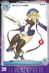 Rule 34 | 1girl, arc system works, bare shoulders, beret, black thighhighs, blazblue, blonde hair, blue footwear, bolverk, boots, clothes lift, covered erect nipples, detached sleeves, dress, dress lift, flat chest, green eyes, gun, handgun, hat, highres, nagy, noel vermillion, one eye closed, pistol, queen&#039;s blade, queen&#039;s gate, ribbon, solo, thighhighs, torn clothes, weapon, wink