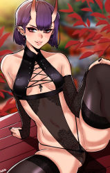 Rule 34 | 1girl, alecto 0, autumn, autumn leaves, black gloves, black nails, black panties, breasts, brown eyes, ear piercing, earrings, elbow gloves, fate/grand order, fate (series), gloves, hand on own knee, highres, horns, jewelry, lips, nail polish, navel, oni, panties, piercing, purple hair, revealing clothes, short hair, shuten douji (fate), signature, skin-covered horns, small breasts, smile, spread legs, underwear