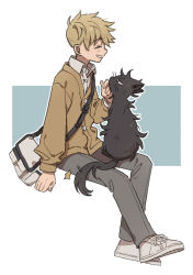 Rule 34 | 1boy, ^ ^, animal, animalization, arm at side, bag, black cat, blonde hair, cardigan, casual, cat, closed eyes, collared shirt, commentary, cross-laced footwear, dress shirt, full body, grey pants, hand up, inukai sumiharu, invisible chair, kageura masato, long sleeves, looking at another, male focus, nana 0253, outline, pants, petting, shirt, shoes, short hair, shoulder bag, sitting, smile, sneakers, white background, white footwear, white outline, white shirt, world trigger