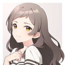 Rule 34 | 1girl, brown hair, collarbone, idolmaster, idolmaster million live!, kitazawa shiho, long hair, looking at viewer, mikapoe, portrait, shirt, simple background, smile, solo, striped clothes, striped shirt, two-tone background, very long hair, yellow eyes