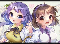 Rule 34 | 2girls, :d, ahoge, black ribbon, blush, breasts, brown eyes, brown hair, chain, cuffs, grey background, hair behind ear, hairband, hand up, heart, highres, ibaraki natou, long sleeves, looking at viewer, multiple girls, neck ribbon, open mouth, purple eyes, purple hair, ribbon, shackles, shirt, siblings, simple background, sisters, small breasts, smile, teeth, tongue, touhou, tsukumo benben, tsukumo yatsuhashi, upper body, white background, white shirt, wing collar