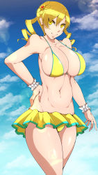 Rule 34 | 1girl, bikini, bikini skirt, blonde hair, breasts, cleavage, drill hair, hand on own hip, highres, large breasts, legs, looking at viewer, mahou shoujo madoka magica, navel, smile, solo, swimsuit, thick thighs, thighs, tomoe mami, twin drills, yellow bikini, yellow eyes