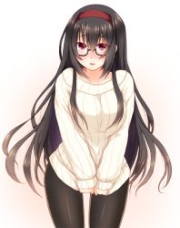 Rule 34 | 1girl, bare shoulders, black hair, black pantyhose, glasses, hairband, long hair, no pants, original, pantyhose, red eyes, ribbed sweater, sleeves past wrists, solo, sotogawa max, standing, sweater