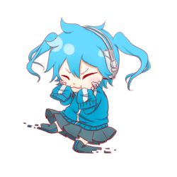 Rule 34 | &gt; &lt;, 1girl, animated, animated gif, arms up, blue hair, closed eyes, digital dissolve, ene (kagerou project), hands in opposite sleeves, headphones, kagerou project, long hair, lowres, open mouth, pleated skirt, simple background, skirt, solo, sora-doufu, teeth, thighhighs, twintails, white background