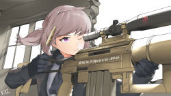 Rule 34 | 1girl, anti-materiel rifle, black gloves, bolt action, brown hair, casing ejection, cheytac m200, commentary, english commentary, english text, girls&#039; frontline, gloves, gun, headphones, headphones around neck, highres, holding, holding gun, holding weapon, jacket, kaicchi, lyrics, m200 (girls&#039; frontline), motion blur, one eye closed, ponytail, purple eyes, rifle, scope, shell casing, shirt, signature, sniper rifle, solo, the rolling stones, weapon, white shirt