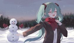 Rule 34 | 1girl, :d, ^ ^, absurdres, aqua hair, black jacket, blue sky, breath, closed eyes, coat, commentary, forest, hair between eyes, hand on own chest, hand up, happy, hatsune miku, highres, jacket, komogu (pixiv 59363256), light blush, long hair, long sleeves, nature, open mouth, outdoors, outstretched arm, red scarf, scarf, shirt, sidelocks, sky, smile, snowing, snowman, solo, standing, twintails, vocaloid, white shirt, winter