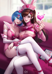 Rule 34 | 10s, 2girls, alternate costume, animal ears, animal print, artist name, blue eyes, blue hair, blurry, blurry background, breasts, brown eyes, brown hair, choker, citemer, cleavage, clipboard, collarbone, commentary, couch, d.va (overwatch), dress, elbow gloves, facepaint, facial mark, fake animal ears, glint, gloves, hair between eyes, hair ornament, hair over one eye, hair ribbon, hat, heart, high collar, highres, indoors, knees together feet apart, large breasts, leg ribbon, lips, long hair, long sleeves, looking at viewer, multiple girls, nail polish, nose, nurse, nurse cap, open mouth, overwatch, overwatch 1, pantyhose, patch, pink dress, pink footwear, pink lips, pink nails, pink ribbon, rabbit ears, rabbit print, re:zero kara hajimeru isekai seikatsu, rem (re:zero), ribbon, shiny clothes, shoes, short hair, signature, sitting, sleeveless, sleeveless dress, smile, swept bangs, taut clothes, taut dress, thighhighs, watermark, whisker markings, white gloves, white legwear, window