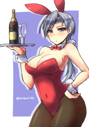 Rule 34 | 10s, 1girl, alcohol, animal ears, black pantyhose, blue eyes, bottle, bow, bowtie, breasts, chitose (kancolle), cleavage, cup, detached collar, drinking glass, fake animal ears, fishnet pantyhose, fishnets, glass, grey hair, hand on own hip, headband, kantai collection, leotard, long hair, low ponytail, pantyhose, playboy bunny, ponytail, rabbit ears, rabbit tail, shinshin, solo, tail, tray, twitter username, wine, wine glass, wrist cuffs