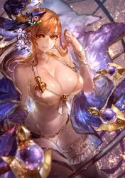 Rule 34 | 10s, 1girl, bare shoulders, bikini, bracelet, breasts, brown eyes, brown hair, choker, cleavage, collarbone, flower, granblue fantasy, groin, hair flower, hair ornament, hand in own hair, highres, jewelry, large breasts, no navel, open mouth, signo aaa, solo, sparkle, swimsuit, thigh strap, tweyen (eternal&#039;s summer vacation) (granblue fantasy), tweyen (granblue fantasy)