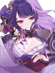Rule 34 | 1girl, armor, black gloves, breasts, bridal gauntlets, cleavage, closed mouth, drawing sword, flower, frown, genshin impact, gloves, hair flower, hair ornament, highres, holding, holding sword, holding weapon, human scabbard, japanese clothes, kimono, large breasts, lightning, long hair, long sleeves, mitsudomoe (shape), mole, mole under eye, musou isshin (genshin impact), obi, obiage, obijime, off shoulder, purple eyes, purple flower, purple hair, purple kimono, purple nails, raiden shogun, sash, sheath, shoulder armor, simple background, solo, sword, sword between breasts, tassel, tassel hair ornament, tomoe (symbol), unsheathing, uxco0, weapon, white background, wide sleeves