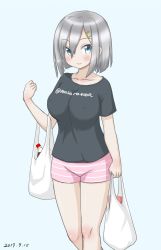 Rule 34 | 1girl, alternate costume, bag, black shirt, blue background, blue eyes, bottle, breasts, casual, commentary request, dated, eyes visible through hair, feet out of frame, hair ornament, hair over one eye, hairclip, hamakaze (kancolle), kantai collection, large breasts, looking at viewer, masara (chuujou), one-hour drawing challenge, pink shorts, plastic bag, shirt, short hair, short shorts, short sleeves, shorts, silver hair, simple background, solo, striped clothes, striped shorts, t-shirt, twitter username