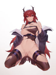 Rule 34 | 1girl, absurdres, arknights, black dress, black jacket, black thighhighs, blood, breasts, darling0221, dress, hand up, highres, injury, jacket, large breasts, long sleeves, looking at viewer, navel, nipples, off shoulder, open clothes, open jacket, parted lips, pussy, pussy juice, red eyes, red hair, simple background, solo, surtr (arknights), sweat, thighhighs, thighs, torn clothes, torn dress, torn thighhighs, white background