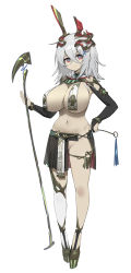 Rule 34 | 1girl, absurdres, armpits, bare legs, black skirt, breast curtains, breasts, bridal gauntlets, cleavage, hand on own hip, headdress, highres, holding, holding scythe, large breasts, miniskirt, navel, no panties, original, partially visible vulva, revealing clothes, romana, scythe, skirt, solo, stomach, thighs