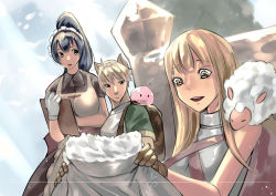 Rule 34 | 1boy, 2girls, :3, absurdres, animal, animal ears, animal on shoulder, apron, armor, backpack, bag, black hair, blonde hair, blossom (ragnarok online), breastplate, breasts, brown dress, brown gloves, cat ears, chinese commentary, clipboard, closed mouth, commentary request, dress, gloves, green shirt, highres, holding, holding clipboard, holding clothes, kafra uniform, large breasts, long hair, looking at another, lunatic (ragnarok online), maid, maid headdress, multiple girls, novice (ragnarok online), open mouth, ponytail, poring, pupuddddy, rabbit, ragnarok online, shirt, short hair, upper body, waist apron, white apron, white gloves, yellow eyes
