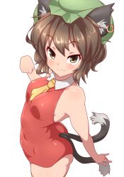 Rule 34 | 1girl, :3, absurdres, adapted costume, animal ears, armpits, bare arms, bare shoulders, blush, breasts, brown eyes, brown hair, cat ears, cat tail, chen, closed mouth, cowboy shot, dress, earrings, from side, hat, highres, jewelry, looking at viewer, looking to the side, mob cap, multiple tails, red dress, short dress, short hair, single earring, sleeveless, sleeveless dress, small breasts, smile, solo, tail, tochinoko, touhou, two tails