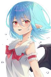 Rule 34 | 1girl, absurdres, adapted costume, bare shoulders, bat wings, blue hair, bow, bowtie, breasts, bubble, collarbone, dress, ear piercing, earrings, fangs, hair between eyes, highres, jewelry, katsukare, light blush, looking at viewer, medium hair, no headwear, piercing, pointy ears, red bow, red bowtie, red eyes, remilia scarlet, simple background, small breasts, solo, teeth, touhou, upper body, upper teeth only, water drop, white background, white dress, wings