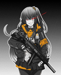 Rule 34 | 1girl, absurdres, black pantyhose, black skirt, character cutout, fingerless gloves, girls&#039; frontline, gloves, grey hair, grin, gun, highres, jacket, long hair, looking at viewer, open clothes, open jacket, pantyhose, red eyes, scar, scar across eye, scar on face, shirt, sidelocks, skirt, smile, solo, submachine gun, suppressor, teeth, ump45 (girls&#039; frontline), user uuzy7548, weapon, white shirt