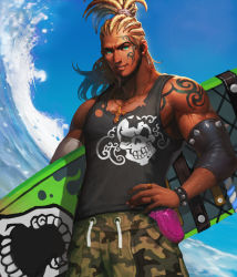Rule 34 | 1boy, alternate costume, artist request, beard, blonde hair, bracelet, card (medium), cedric (chaos online), chaos online, cornrows, cowboy shot, cross, cross necklace, day, earrings, facial hair, facial tattoo, green eyes, hand on own hip, highres, holding, holding behind back, jewelry, lens flare, looking at viewer, male focus, muscular, necklace, official art, outdoors, parted lips, pectorals, ring, skull, sky, solo, surfboard, tank top, tattoo, water, waves