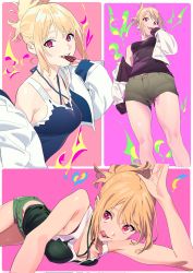Rule 34 | 1girl, blonde hair, breasts, commentary, cookie, cropped jacket, food, food in mouth, henken, highres, jacket, long hair, looking at viewer, medium breasts, multiple views, open clothes, open jacket, open mouth, original, ponytail, red eyes, short shorts, shorts, sienna (henken), smile, symbol-only commentary, tank top, tongue, tongue out, white jacket