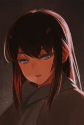 Rule 34 | 1girl, aqua eyes, black hair, coat, commentary, counter:side, english commentary, grey coat, hair between eyes, long hair, looking at viewer, multicolored hair, nyanom, parted lips, portrait, red hair, seo yoon, simple background, solo