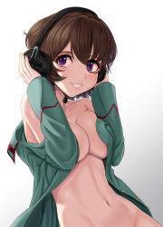 Rule 34 | 1girl, breasts, brown hair, cleavage, commission, headphones, highres, large breasts, looking at viewer, naked shirt, nico-mo, no bra, open clothes, purple eyes, shirt, smile, solo