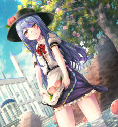 Rule 34 | 1girl, blue hair, blue skirt, blush, bow, bowtie, brick wall, building, closed mouth, collared shirt, day, dutch angle, food, frilled shirt, frilled skirt, frills, fruit, hat ornament, hinanawi tenshi, long hair, outdoors, peach, puffy short sleeves, puffy sleeves, red bow, red bowtie, red eyes, shirt, short sleeves, skirt, skirt basket, smile, solo, standing, straight hair, torottye, touhou, very long hair, wading, white shirt