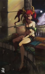 Rule 34 | 1girl, bad id, bad pixiv id, black sclera, cloud, colored sclera, female focus, fingernails, hero (dka), hero (pixiv), horns, indoors, jewelry, long fingernails, long hair, moon, necklace, night, original, pillow, red eyes, red hair, sandals, shoes, shorts, single shoe, sitting, smile, solo, stairs, star (symbol), strapless, tattoo, tube top, twintails