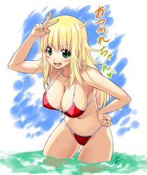 Rule 34 | 1girl, bikini, blonde hair, blush, breasts, character request, cleavage, green eyes, hand on own hip, large breasts, leaning forward, long hair, looking at viewer, mizuki gyokuran, navel, open mouth, original, simple background, smile, solo, swimsuit, v, wading, water, wet