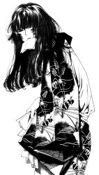 Rule 34 | 1girl, absurdres, ameishi, ballpoint pen (medium), black eyes, black hair, blunt bangs, cowboy shot, floral print, from side, greyscale, highres, holding, japanese clothes, kimono, long hair, looking at viewer, looking to the side, monochrome, original, simple background, solo, traditional media, white background, wide sleeves