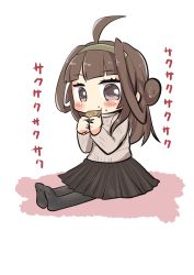 Rule 34 | 1girl, ahoge, alternate costume, beige sweater, black pantyhose, brown eyes, brown hair, brown skirt, commentary request, double bun, eating, hair bun, hairband, highres, kantai collection, kongou (kancolle), long hair, lr hijikata, pantyhose, pleated skirt, ribbed sweater, simple background, skirt, solo, sweater, white background