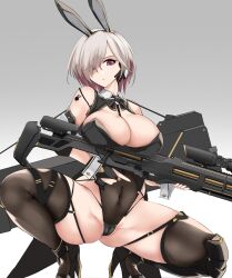 Rule 34 | 1girl, akatsuki akane, animal ears, bare shoulders, black leotard, black thighhighs, breasts, cameltoe, closed mouth, commentary request, covered navel, fake animal ears, gradient background, grey background, gun, hair over one eye, high heels, highleg, highleg leotard, highres, holding, holding gun, holding weapon, large breasts, leotard, looking at viewer, mole, mole under eye, one eye covered, original, purple eyes, rabbit ears, rifle, short hair, simple background, sniper rifle, solo, squatting, thighhighs, thighs, weapon, white hair, wrist cuffs