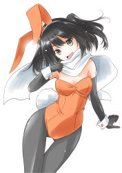 Rule 34 | 1girl, absurdres, animal ears, black gloves, black hair, black pantyhose, commentary request, cowboy shot, elbow gloves, fake animal ears, gloves, gluteal fold, highres, kantai collection, leotard, looking at viewer, orange leotard, pantyhose, playboy bunny, rabbit ears, rabbit tail, scarf, sendai (kancolle), simple background, solo, strapless, strapless leotard, tail, taisinkoku, two side up, white background, white scarf, wrist cuffs