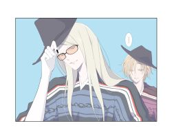 Rule 34 | ..., 2boys, absurdres, aqua background, black nails, blonde hair, cowboy hat, fate/grand order, fate (series), hat, highres, long hair, male focus, multiple boys, official alternate costume, orange-tinted eyewear, poncho, removing hat, simple background, speech bubble, suica7777777, sunglasses, tezcatlipoca (fate), tinted eyewear, upper body