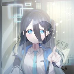 Rule 34 | 1girl, absurdres, aris (blue archive), blue archive, blue eyes, blue hair, blurry, blurry background, blush, commentary, cute took, dark blue hair, english commentary, halo, headband, highres, long hair, looking at viewer, portrait, smile, snow, solo, uniform, window